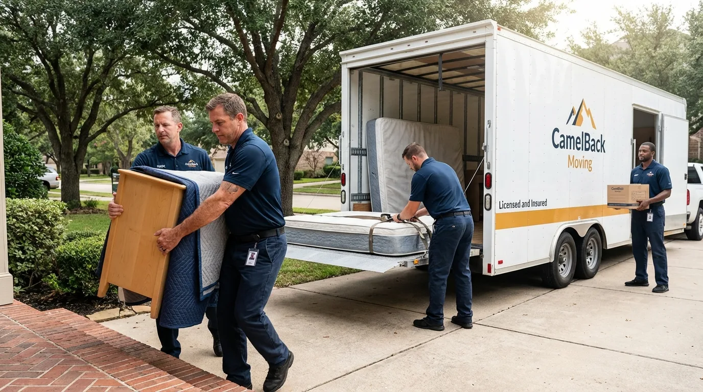 Crew loading residential truck for cross-state move from Bristol, IN