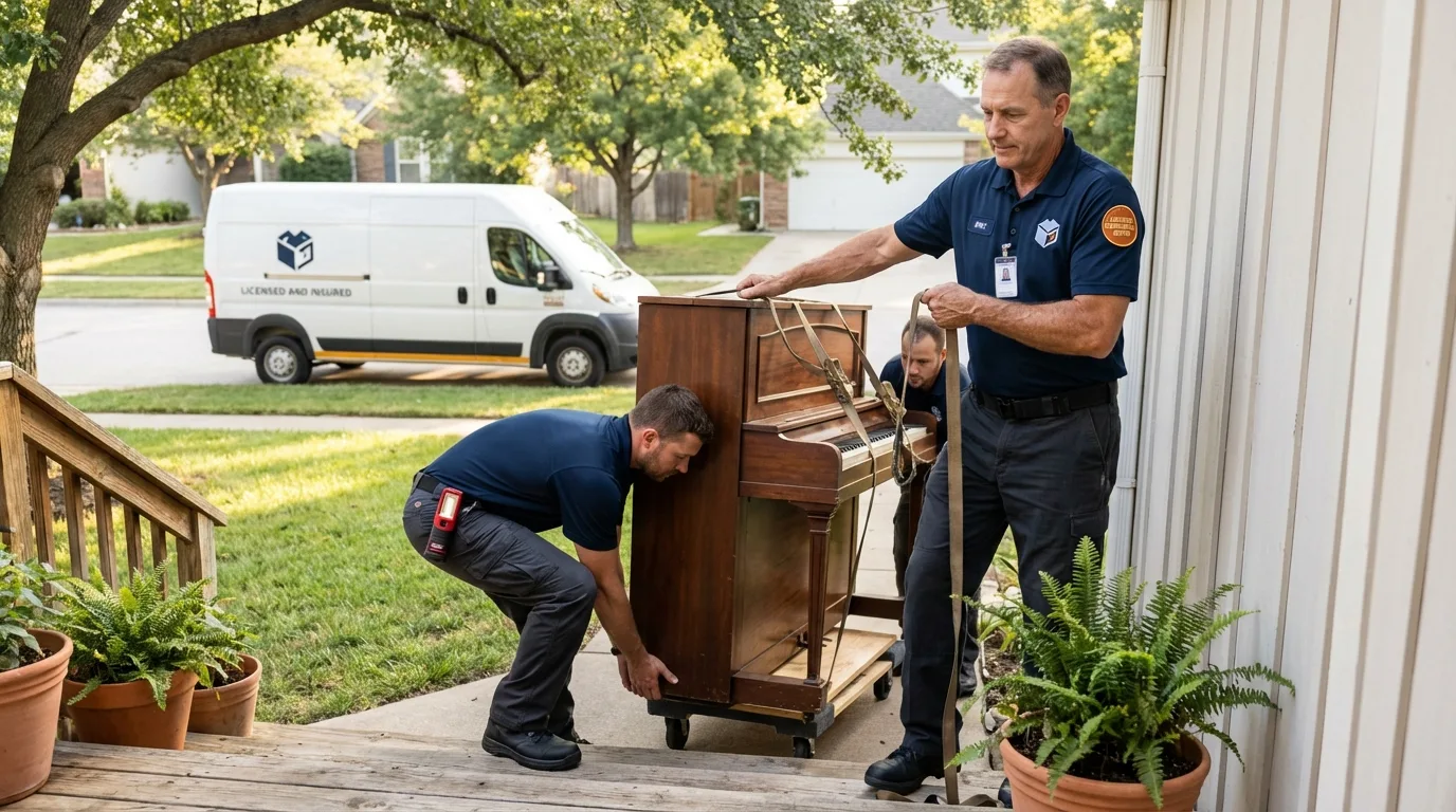 Licensed piano movers securing grand piano in Bristol, IN
