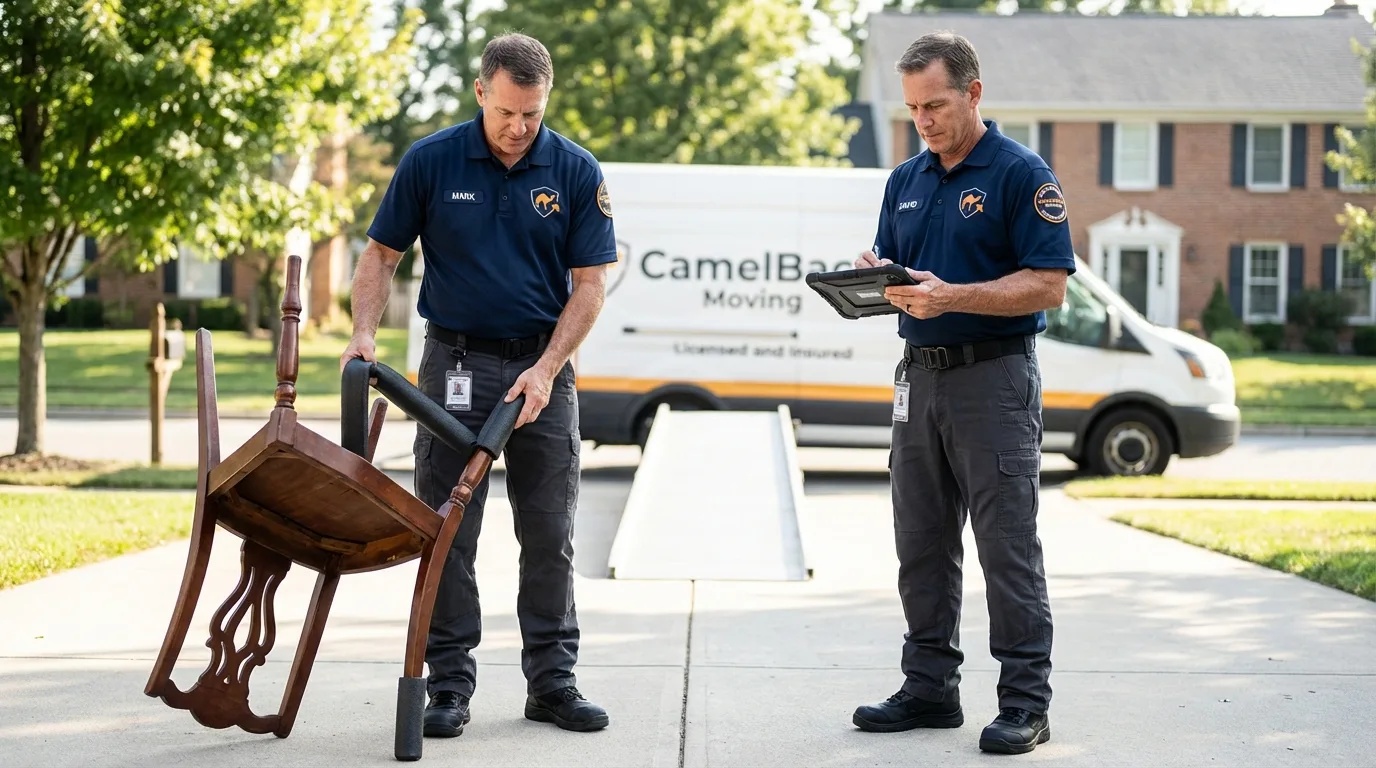 Movers inspecting furniture for damage prevention before loading in Bristol, IN