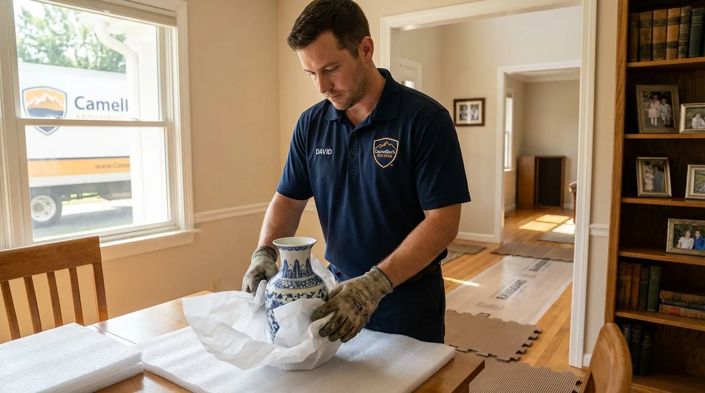 Professional crew carefully wrapping antique vase for senior downsizing move in Bristol, IN